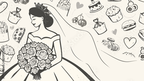Illustration of a bride holding roses with food and hearts in the background in a sketch style drawing