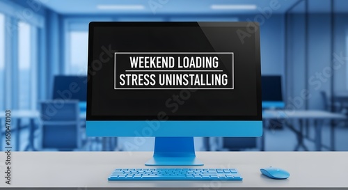 Modern Laptop Computer with Weekend Loading Screen Blue Office Setup