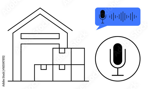 Warehouse outline with stacked boxes and voice recognition icons representing inventory automation. Ideal for supply chain, logistics, AI, technology, e-commerce, innovation, simple landing page