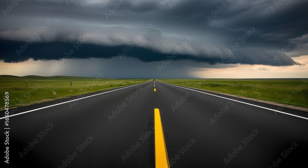 Fototapeta premium Empty Highway Road Stretching to Horizon Under Dramatic Sky