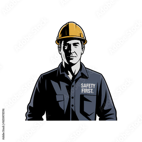 Construction worker promoting safety with hard hat and safety gear in a work environment during daylight hours