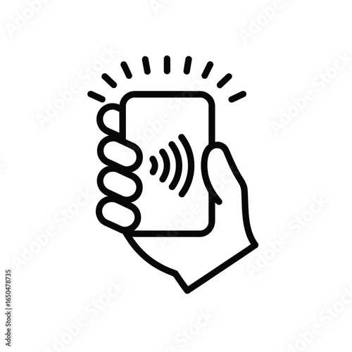 Hand holding card with contactless payment symbol in black line