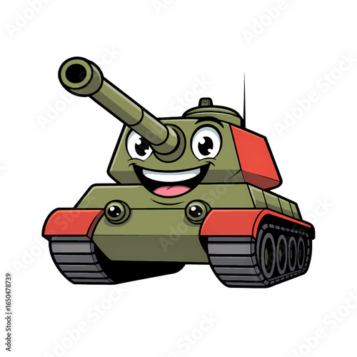 Cartoon tank character with a smiling face and vibrant colors in a playful design