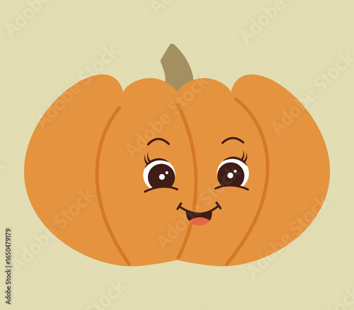 Smiling orange pumpkin with cute face and big eyes. Funny vegetable character illustration for kids, autumn harvest, food design, Halloween, Thanksgiving, farming, organic nutrition and decoration.