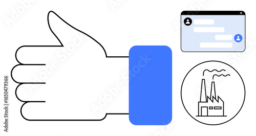 Thumbs-up hand gesture symbolizing approval, chat window for communication, and a factory icon for industry and manufacturing. Ideal for collaboration, teamwork, messaging, business, technology