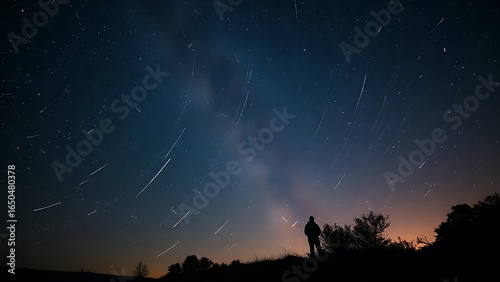 A dreamy night sky where constellations fade into sparkling meteor trails above silhouetted figures.