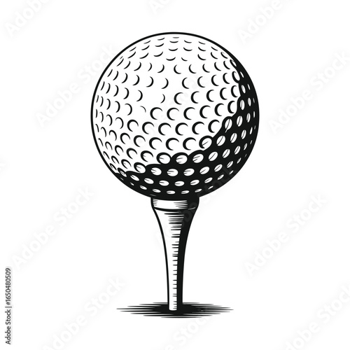 Golf Ball on Tee Black and White Engraving Style Illustration