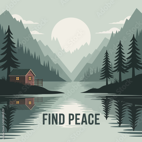 Tranquil mountain valley landscape with a serene lake reflecting the sun and a cozy cabin nestled amongst pine trees evoking a sense of peace and solitude