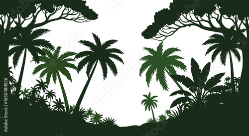 Dark green silhouette of a jungle with exotic trees and plants, a tropical rainforest scene Vector Illustration.
