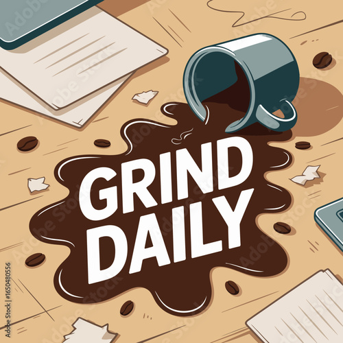 A spilled coffee mug creates a dark brown puddle on a wooden desk with papers and a laptop featuring the bold white text grind daily