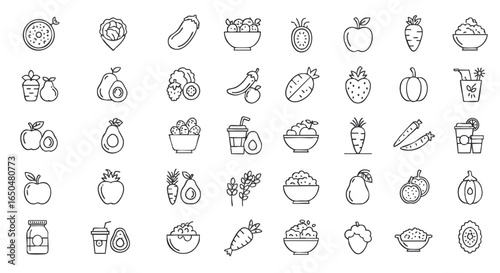 Collection of Healthy Food and Drink Icons for Nutrition and Wellness Content