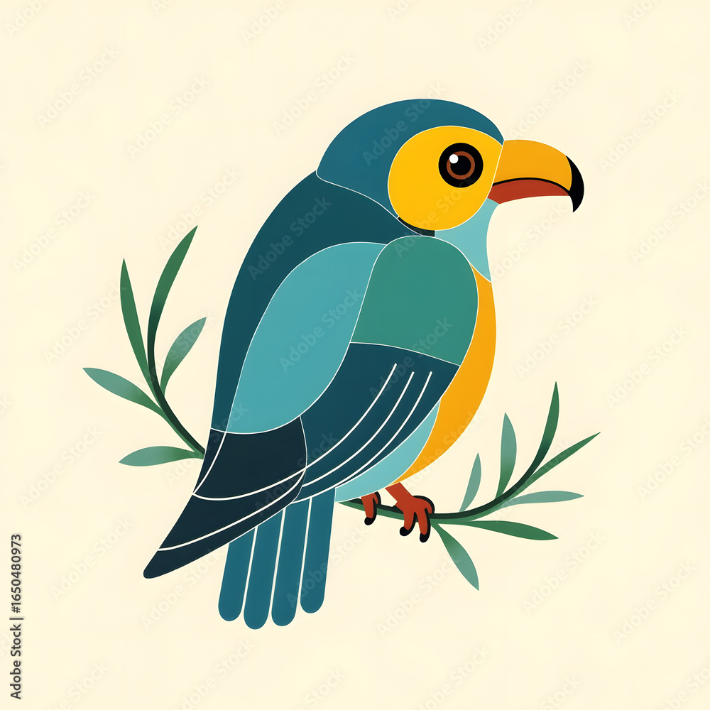 Fototapeta premium Colorful Bird Perched on Branch with Leaves