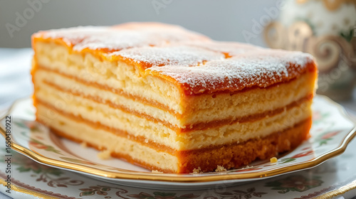 A detailed shot of a Russian honey cake, with its layered, honeyflavored sponginess, arranged on a traditional plate with soft, natural lighting