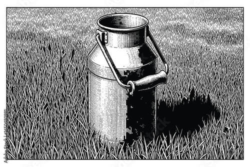 Engraved style illustration of a metal milk can sitting in a field of grass. Farm fresh design.