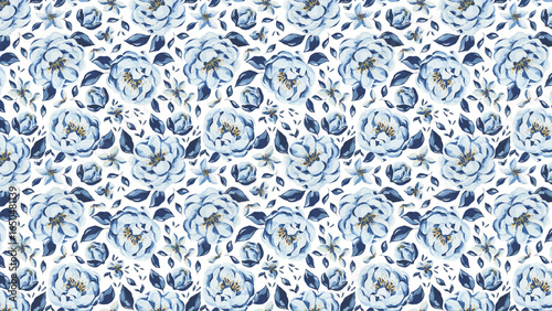 Blue floral pattern with leaves on white ground
