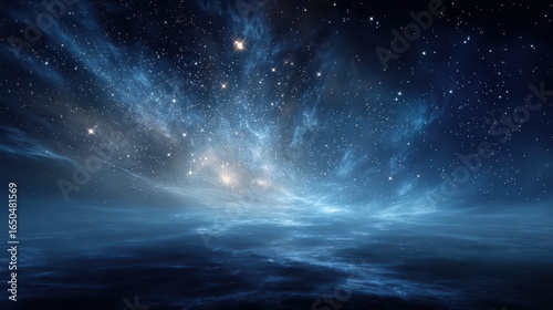Cosmic nebula with glowing stars and abstract light effects in deep blue space, creating a mystical universe atmosphere for digital art and technology backgrounds