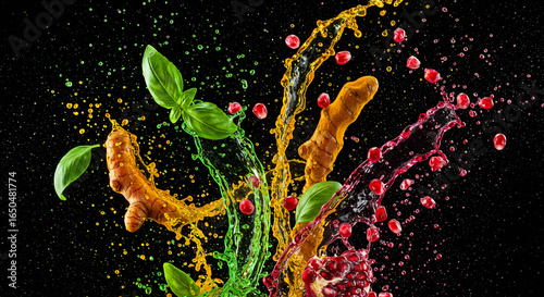 Wallpaper Mural Colorful splash of vibrant liquids and ingredients against a black background, creating a dynamic display. Torontodigital.ca