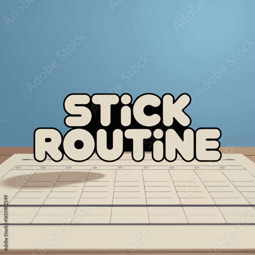 Stick routine text overlay on a planner or calendar with a blue background suggesting organization and daily planning for productivity and habit building