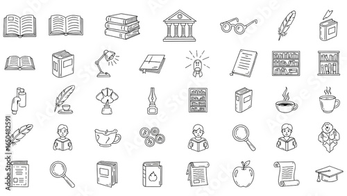 Reading Doodle Icon Set Hand Drawn Study and Literature Sketch Illustration
