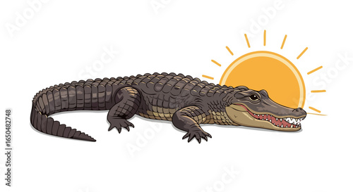 american alligator sunbathing transparent background vector illustration
