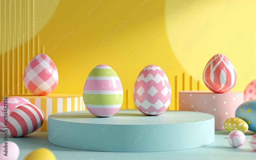 Pastel-colored Easter eggs with various patterns resting on light blue platforms against a yellow background.