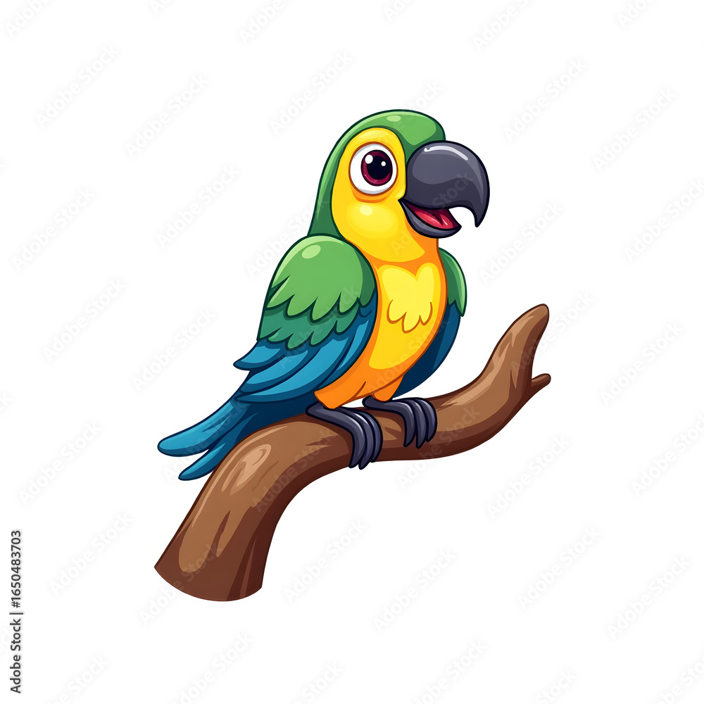 Fototapeta premium Colorful Parrot Sitting on Branch with Green and Blue Feathers