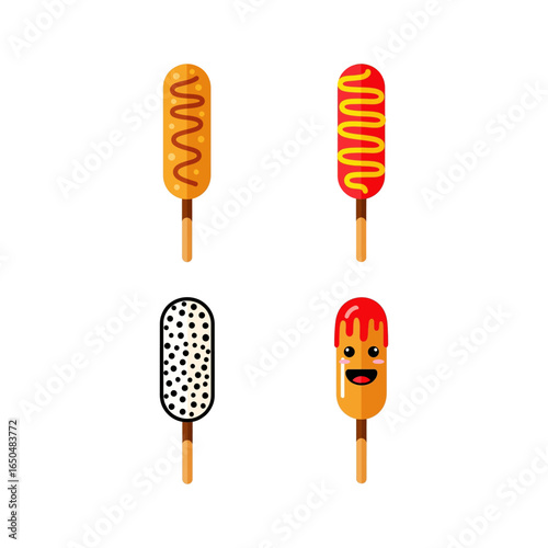 Variety of Korean Corn Dogs with Different Toppings on White