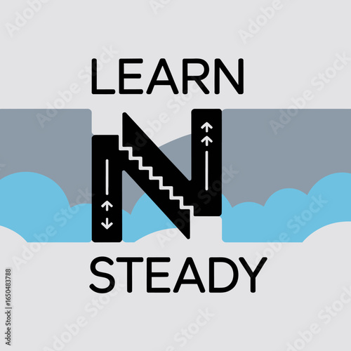 Learn and grow with steady progress symbolized by a rising staircase within the letter n representing upward movement and continuous development