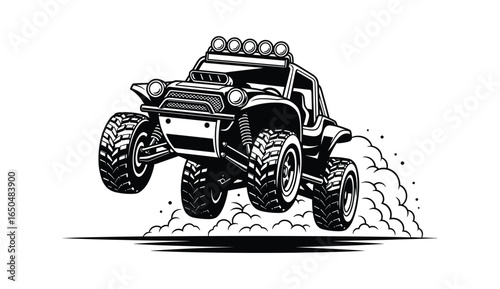 Black and white illustration of a off-road buggy jumping with a dust cloud.
