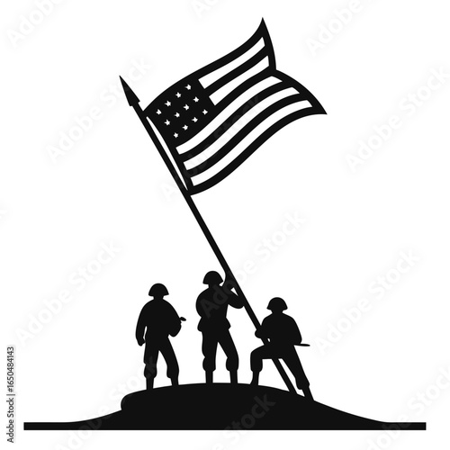 Minimalist silhouette design of troops elevating a flag