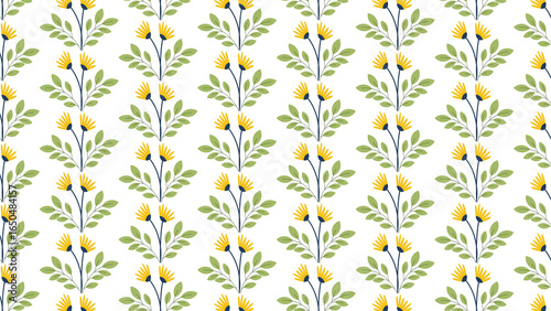 Repeated yellow flower and leaf pattern on white
