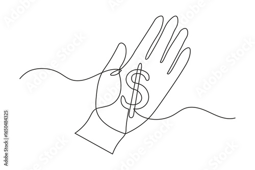 Hand with dollar sign continuous one line drawing minimal abstract modern vector sketch on white background.