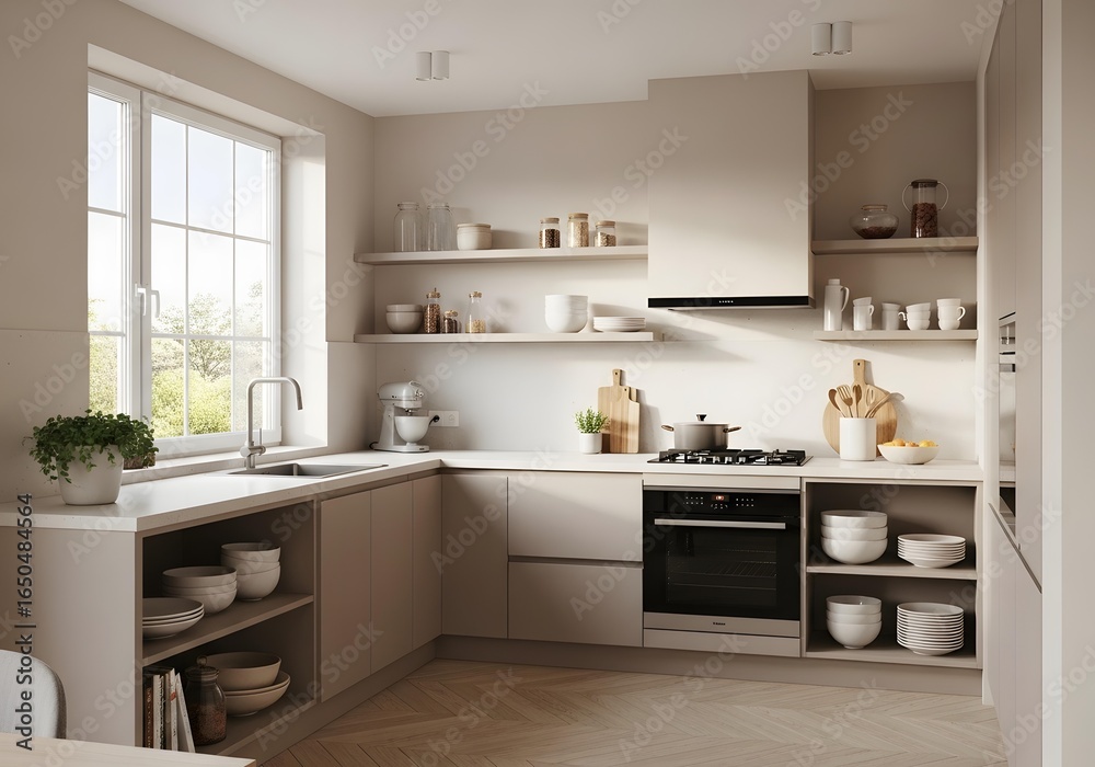 Fototapeta premium Elegant minimalist kitchen interior design with beige cabinets, open shelving, and abundant natural light.