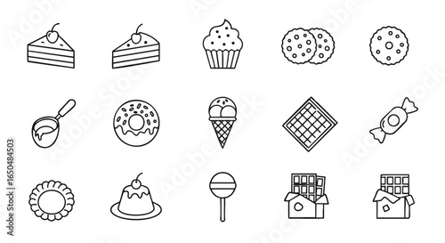 Sweet food and dessert line icon set collection. Vector graphic illustration of bakery treats, candy, cake, and cookies for design elements