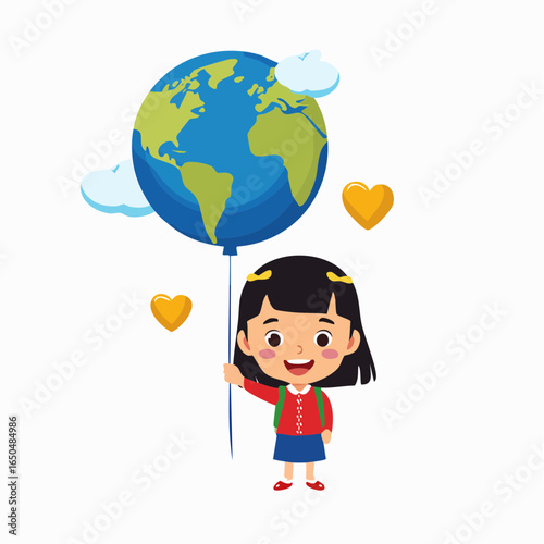 Minimalist flat vector icon of a kid holding a globe balloon, representing childhood innocence and world unity.