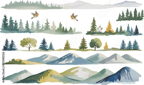 Watercolor mountain landscapes, forest trees, autumn foliage, rolling hills, nature scenery, birds flying, misty peaks, serene outdoors
