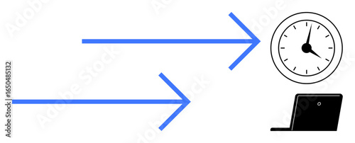Blue arrows pointing to clock and laptop, symbolizing time management, workflow, productivity, planning, and deadlines. Ideal for business, project management, punctuality task prioritization