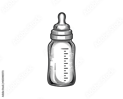 Monochrome detailed illustration of baby bottle. Newborn feeding equipment. Vector Illustration.