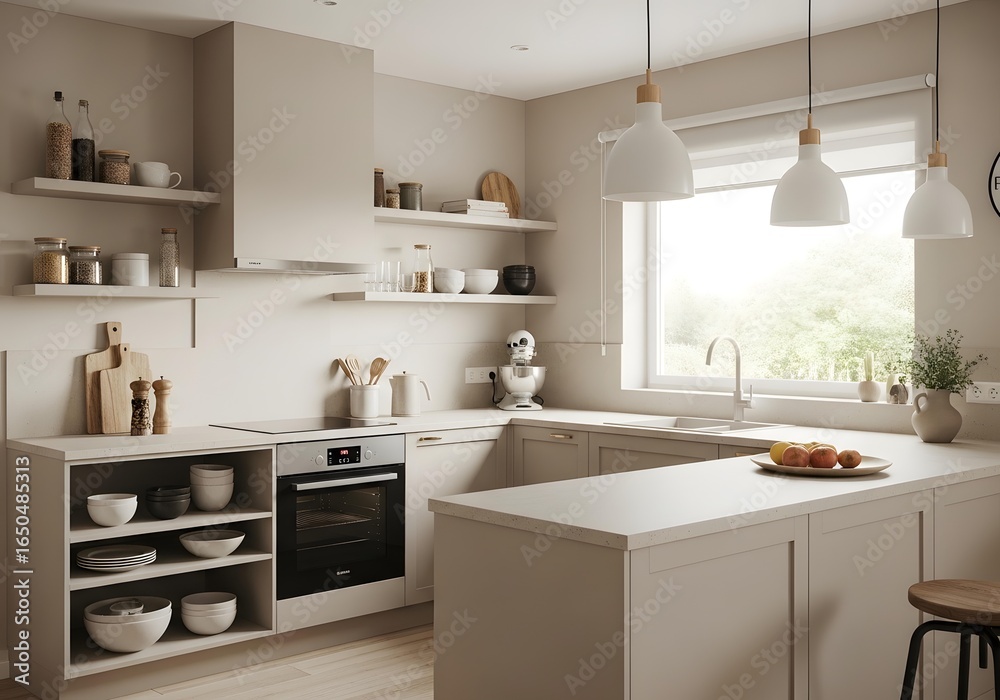 Fototapeta premium Elegant and modern kitchen interior design concept with neutral tones, ample natural light, and functional open shelving.