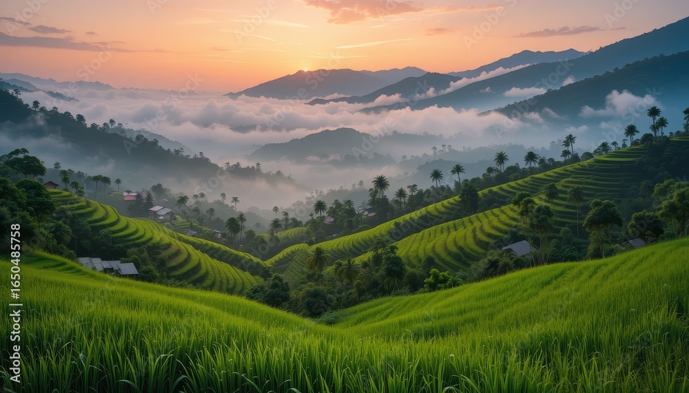 Obraz premium Misty Sunrise Over Lush Green Rice Terraces in a Peaceful Rural Mountain Village Landscape