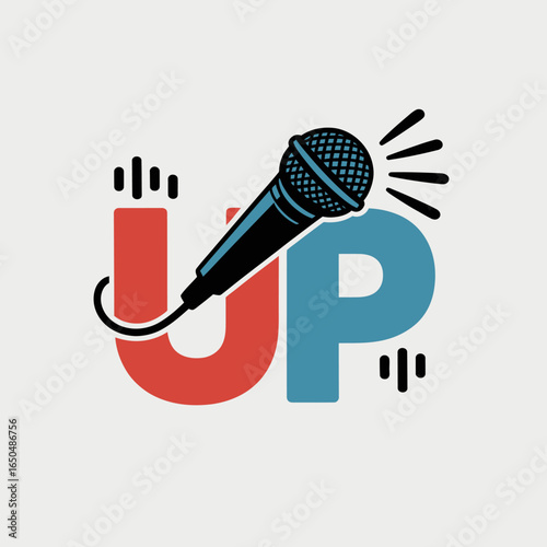 Dynamic illustration of a microphone held over the letters u and p symbolizing a podcast or spoken word performance with sound waves emanating from the microphone