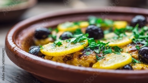 Savory Moroccan tagine with lemony zest, olives, and parsley, perfect for Eid feasts or fusion culinary explorations