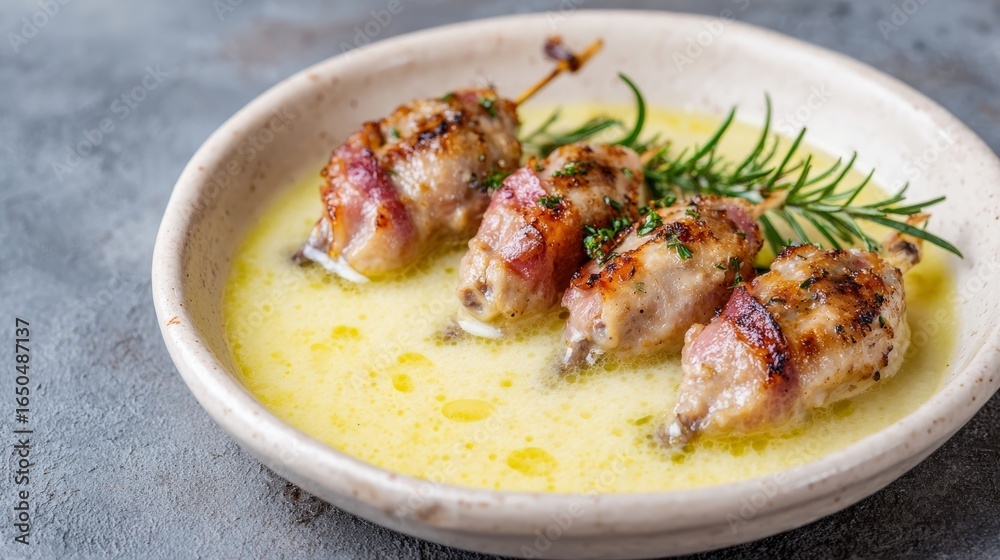 Grilled bacon-wrapped quail skewers luxuriate in buttery sauce, evoking Festivus feasts and culinary escapades of Epicurean indulgence Grilled bacon-wrapped quail skewers luxuriate in buttery sauce, evoking Festivus feasts and culinary escapades of Epicurean indulgence