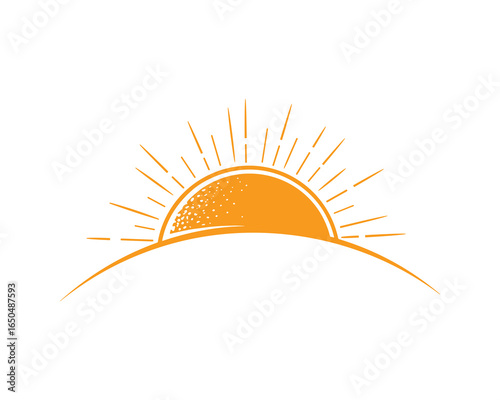 Orange sun rising or setting over a curved horizon. Stylized design with dotted texture. Vector illustration.