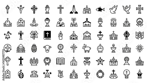 Christianity Line Icon Set with Faith Symbols, Worship, Prayer, Dove, Nativity, and Holidays
