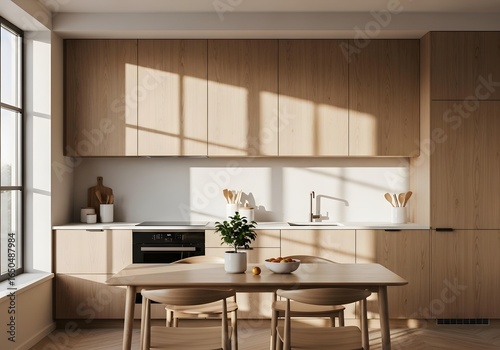 Wallpaper Mural Warm sunlight streams into a modern minimalist kitchen with light wood cabinetry, creating a peaceful and serene home interior design. Torontodigital.ca