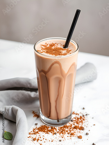 cold iced chocolate milk milo dinosaur with coco powder in glass black straw on grey cloth white background asian beverage halal food drink menu for hotel bar