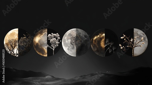 Five moon phases each depicting a unique scientific phenomenon artistically.