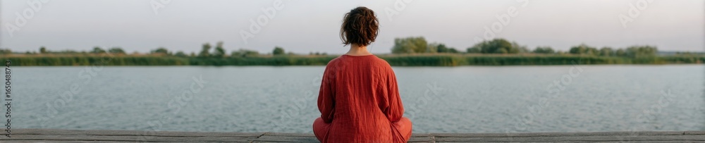Fototapeta premium Tranquil reverie of a Caucasian woman, enveloped in russet, cradling serenity on a dock during World Meditation Day