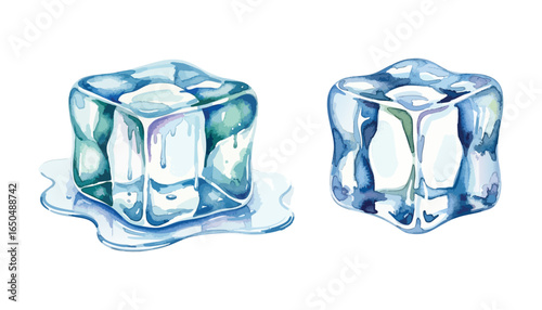 Watercolor illustration of two blue ice cubes, with melting water effect. Cool, transparent, refreshing elements.